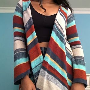 Striped fringe high-low cardigan w/ hood